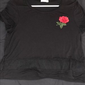 Black Rose Crop Top With Black Mesh Detailing